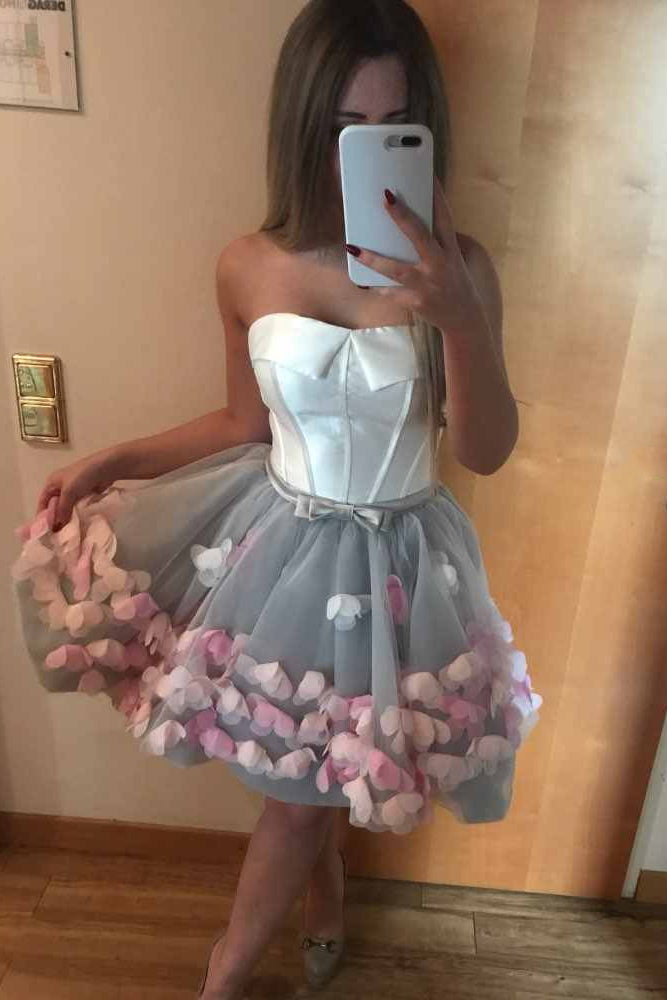 Strapless Short Prom Dresses Handmade Flowers Graduation Party Gown OM498