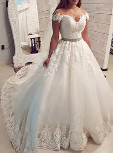 Off Shoulder Ball Gown Wedding Dresses V-neck Applique Beading Tulle Bridal Gown OW653