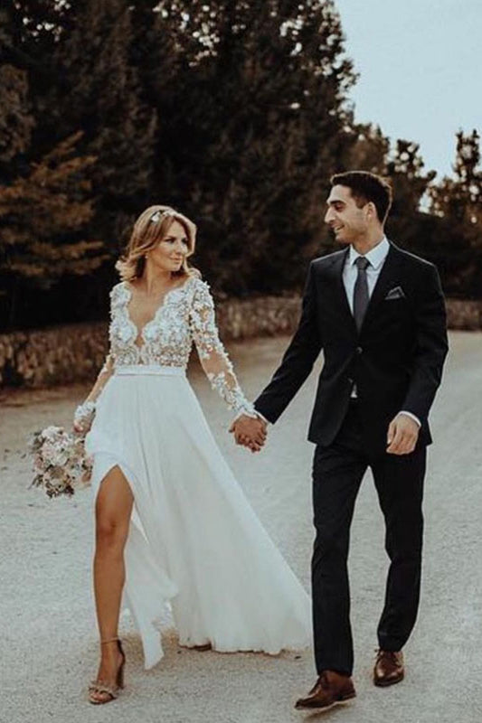 V-neck Lace Long Sleeve Beach Wedding Dresses Chiffon Bridal Gown With Split OW517