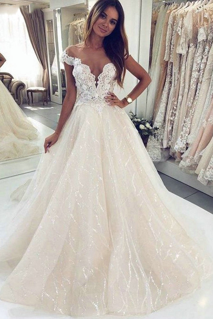 Off Shoulder Lace Beach Wedding Dress with Sequined Appliques OW541