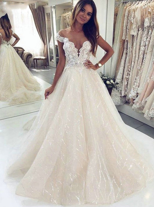 Off Shoulder Lace Beach Wedding Dress with Sequined Appliques OW541