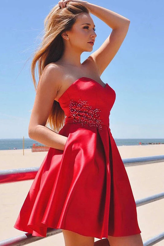 Satin Sweetheart Beaded Red Homecoming Dresses With Pockets OM554