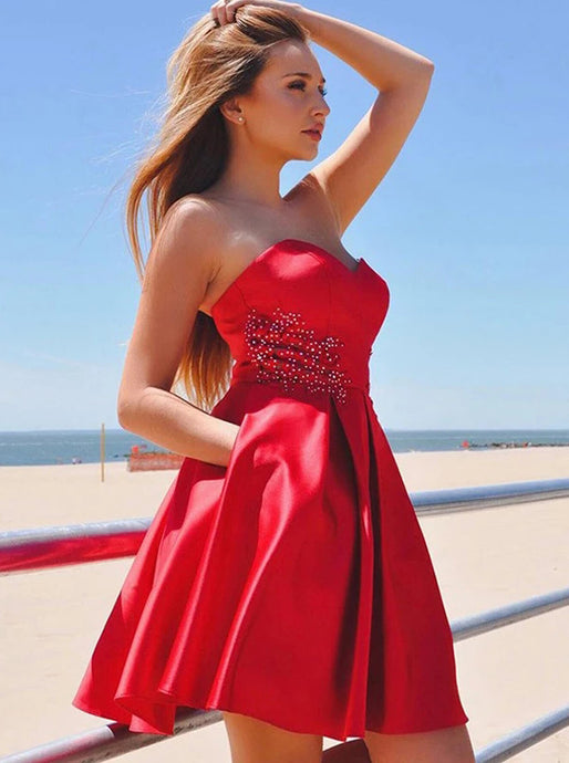 Satin Sweetheart Beaded Red Homecoming Dresses With Pockets OM554