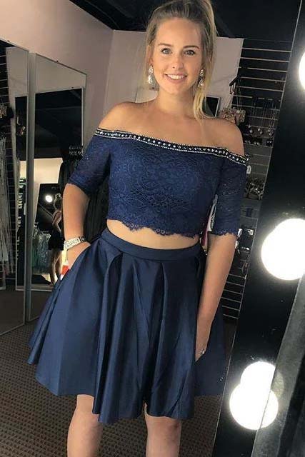 Dark Navy Lace Two Piece Short Prom Homecoming Dress Off Shoulder Short Sleeves OM450