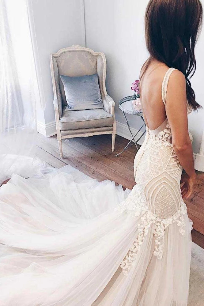 Gorgeous Ivory Tulle Mermaid V-Neck Lace Backless Wedding Dresses W363