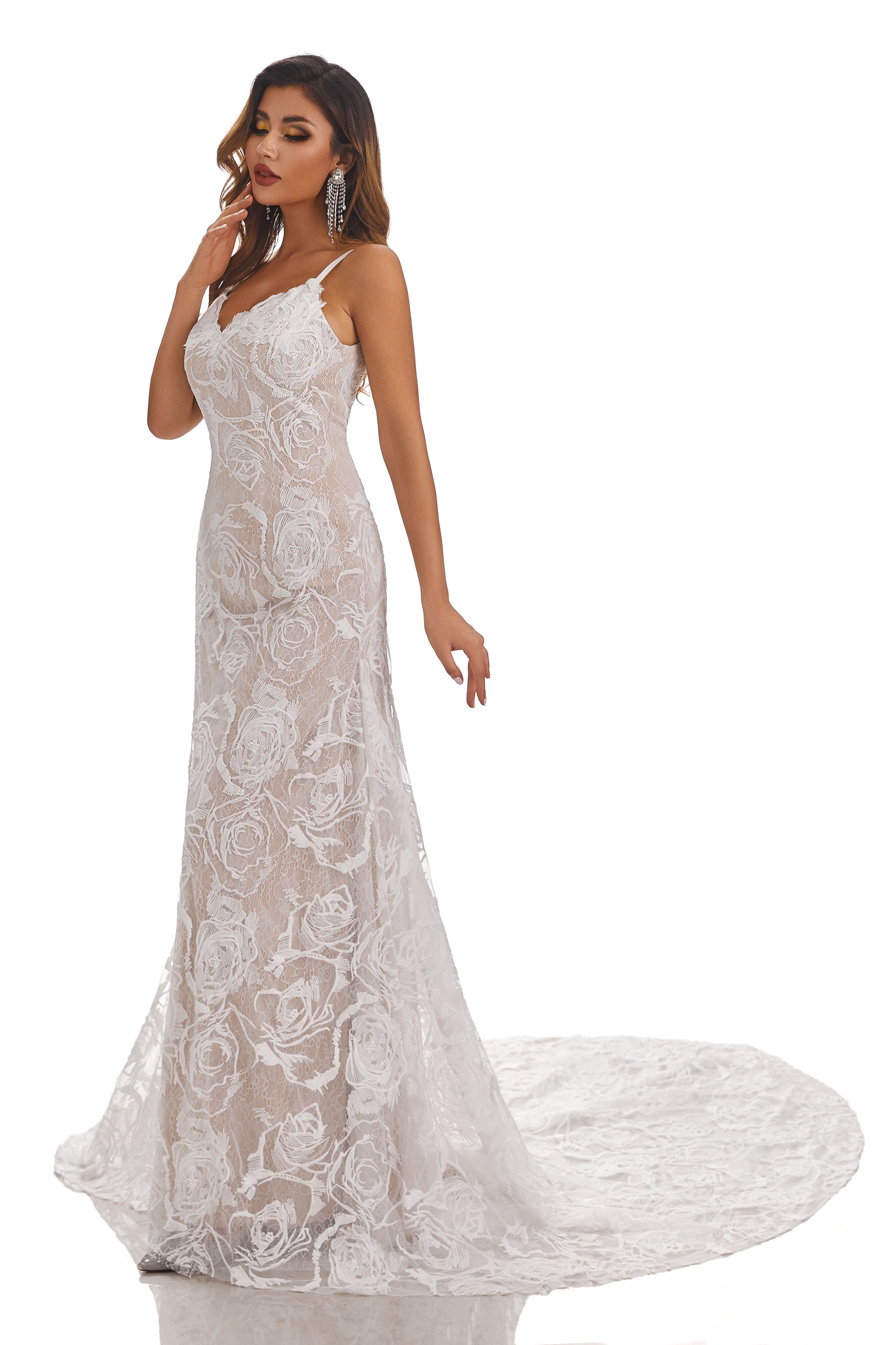 Long Mermaid V-Neck Spaghetti-Straps Wedding Dress With Lace Appliques