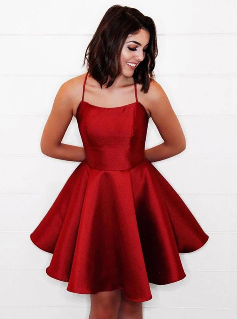 A-line Satin Burgundy Short Prom Dress, Spaghetti Homecoming Dress OM3 A-line Satin Burgundy Short Prom Dress, Spaghetti Homecoming Dress OM3