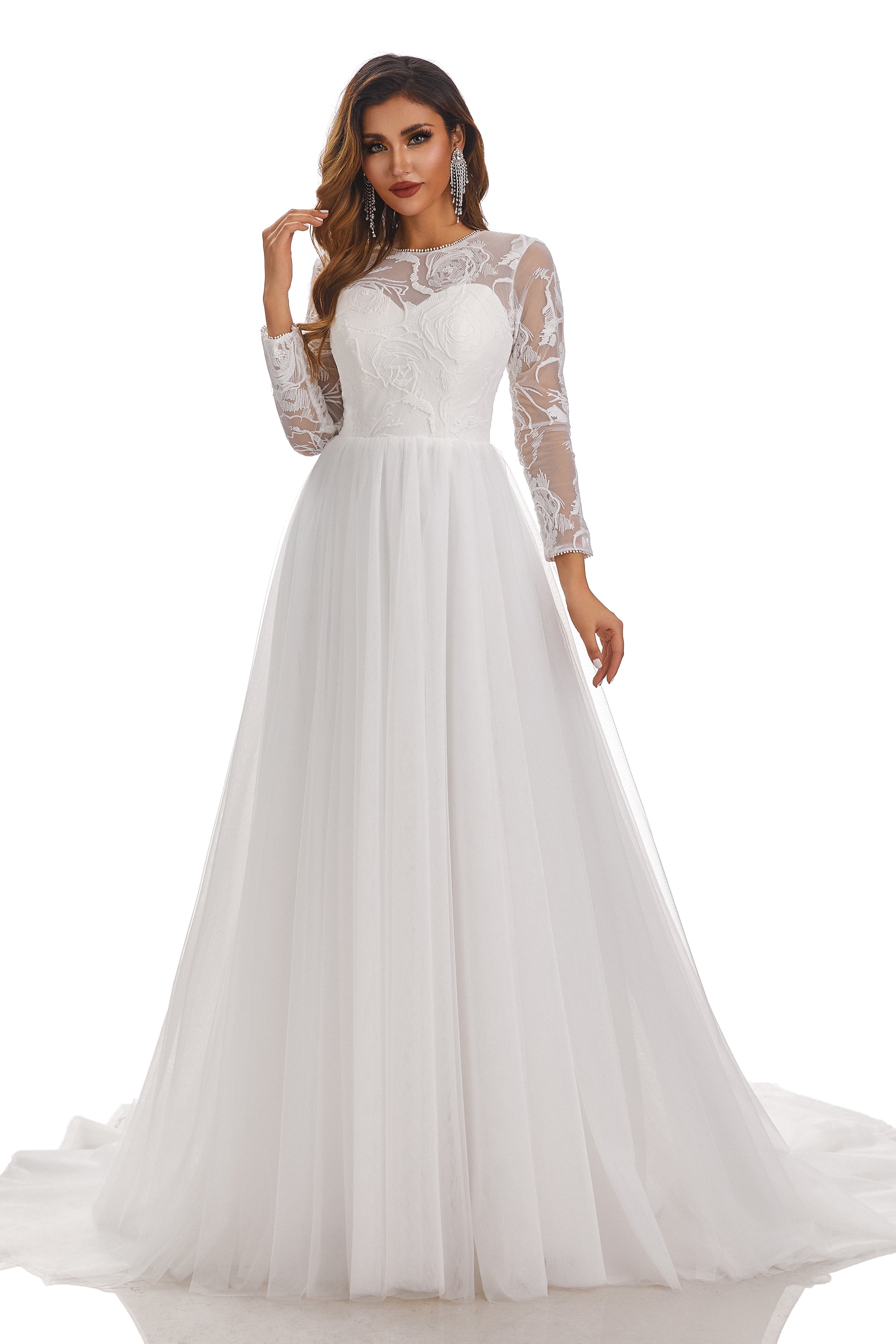 A-Line Round Neck Long Sleeves Tulle Wedding Dress With Lace Appliques