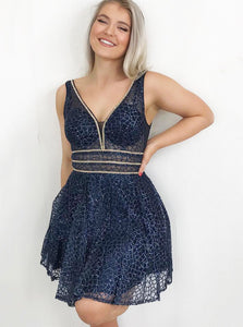 Sparkly Navy Blue Fit and Flare Short Prom Dress Homecoming Dress