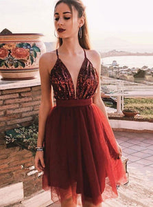 Spaghetti-straps Sequins Homecoming Dress Burgundy Party Dress OM329