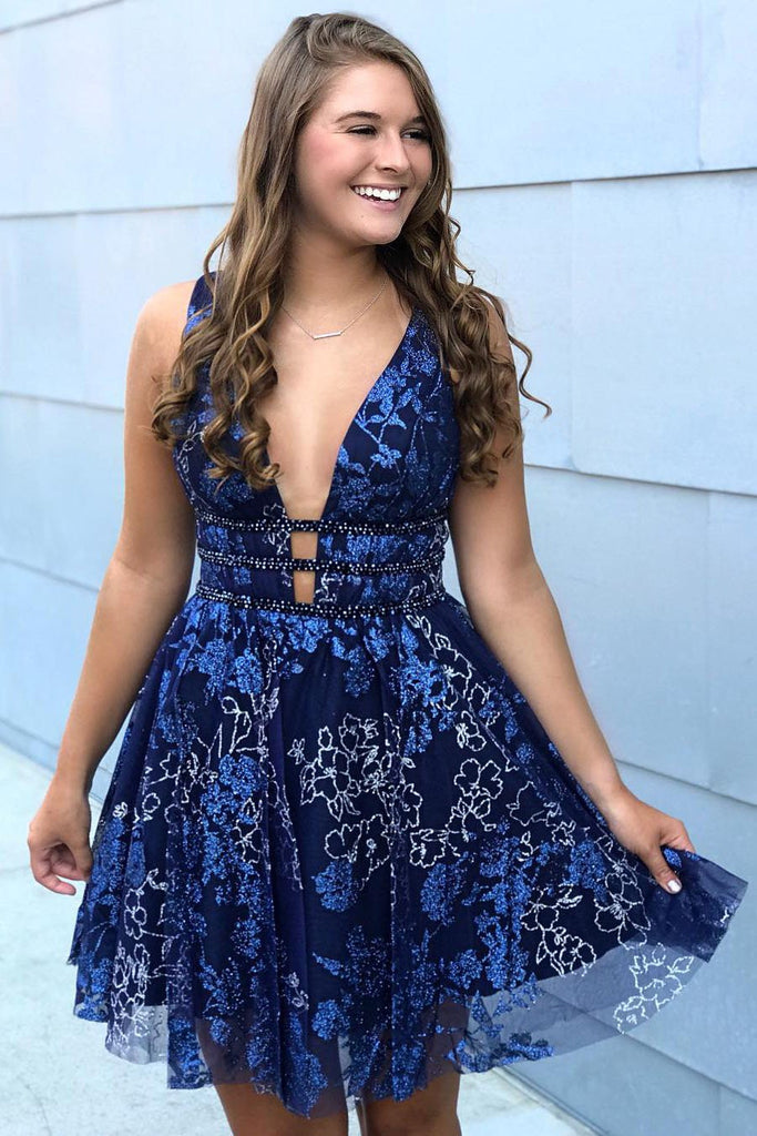 Newest Plunging Neck Embroidery Navy Blue Homecoming Dress OM330