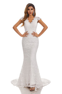 Mermaid Long V-Neck Cap Sleeves Wedding Dress With Lace Appliques