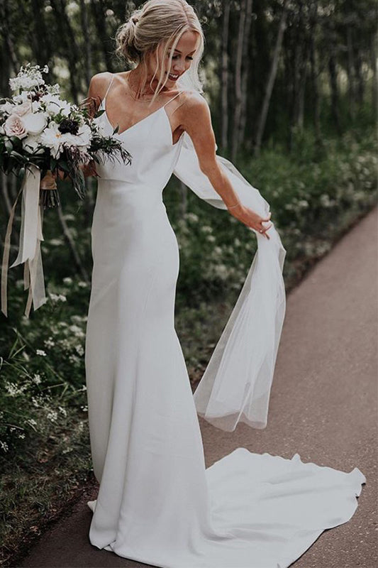 Simple V-neck Boho Beach Wedding Dresses Sheath Rustic Bridal Gowns OW512