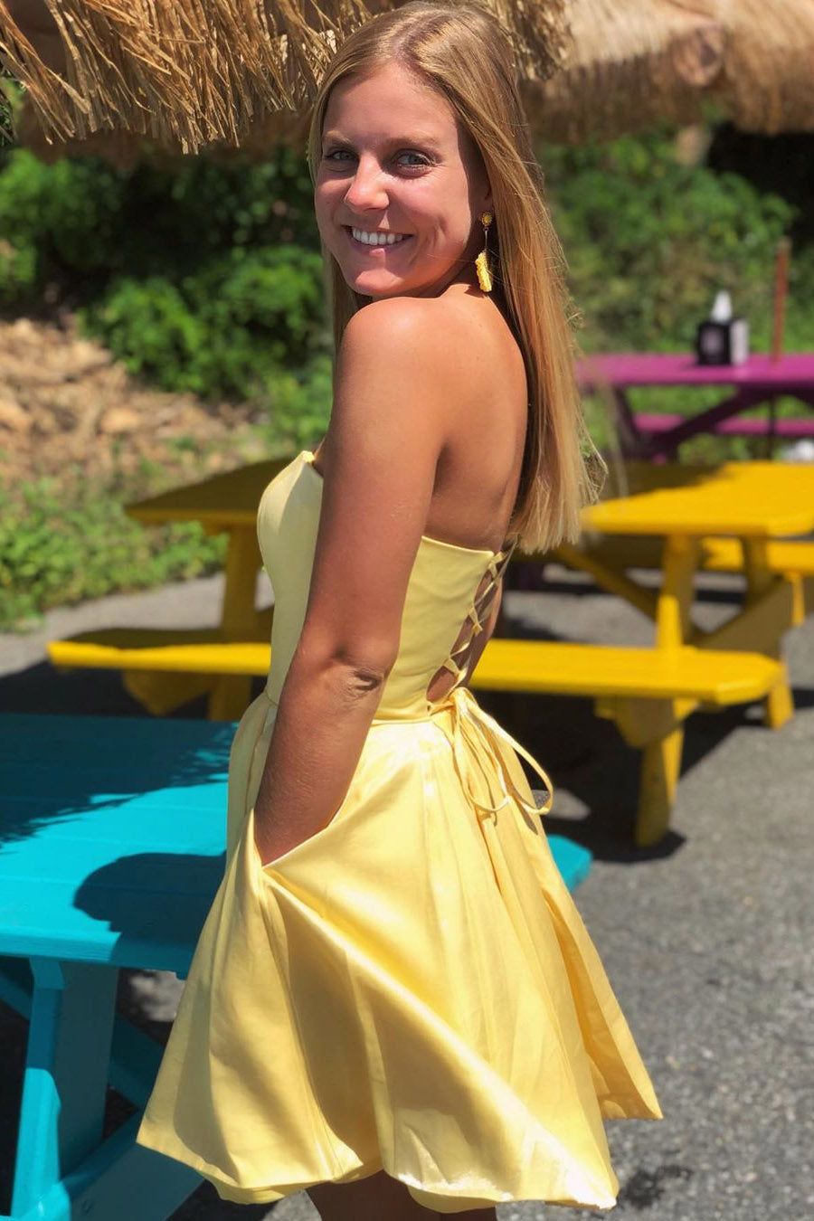 Strapless Yellow Short Prom Homecoming Dress With Pockets OM380