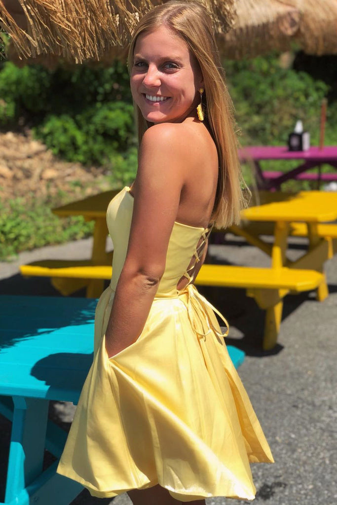 Strapless Yellow Short Prom Homecoming Dress With Pockets OM380