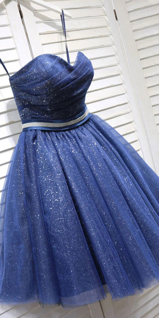 Sparkly Sweetheart Dark Blue Short Prom Dress Beading Homecoming Dress OM375