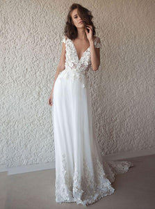 A-line V-neck Cap Sleeves Chiffon Beach Wedding Dress With Appliques OW548