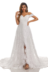 A-Line V-Neck Off-The-Shoulder Wedding Dress With Lace Appliques