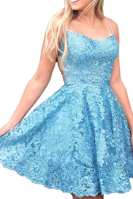 Short Blue Spaghetti-Straps Lace Homecoming Dress With Appliques