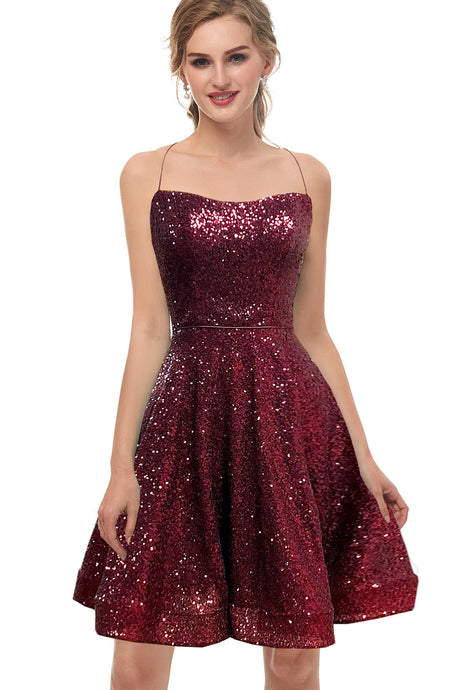 Charming A-Line Burgundy Spaghetti-Straps Homecoming Dress With Sequins