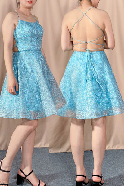 Short Blue Spaghetti-Straps Lace Homecoming Dress With Appliques