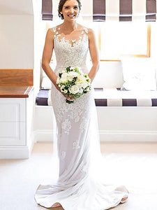Sheath/Column Scoop Sleeveless Lace Applique Wedding Dress OW202