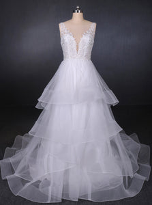 Princess V Neck Tulle Backless Wedding Dresses With Layered OW574