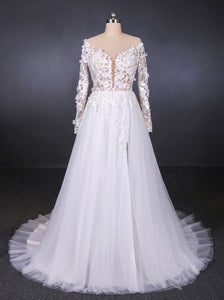 A-line V-neck Long Sleeves Wedding Dress With Lace Appliques