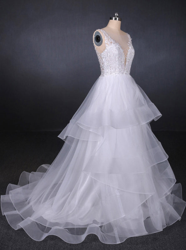 Princess V Neck Tulle Backless Wedding Dresses With Layered OW574