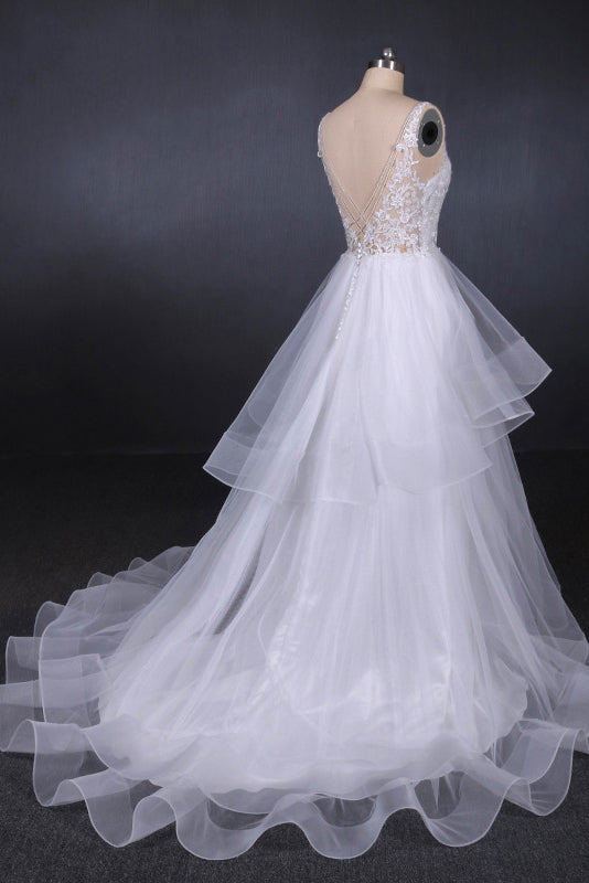 Princess V Neck Tulle Backless Wedding Dresses With Layered OW574