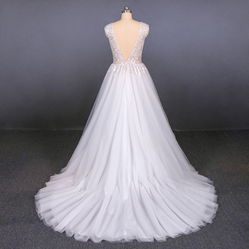 Tulle Beach Wedding Dresses with Appliques, V-neck Backless Bridal Dress OW553