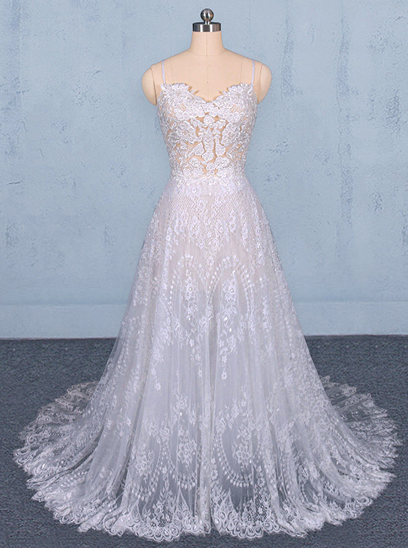 Spaghetti Straps Lace Wedding Dresses Backless Beach Bridal Dresses OW555