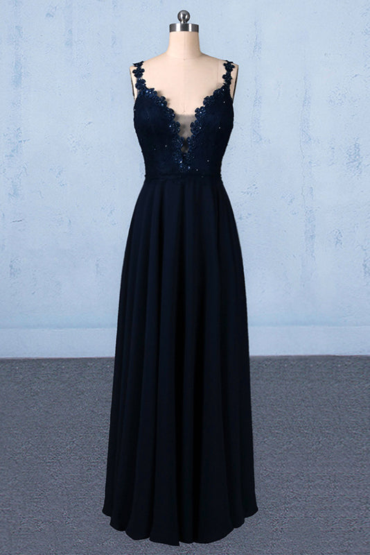 New Flower Straps V-neck Navy Blue Long Prom Evening Dresses PO050