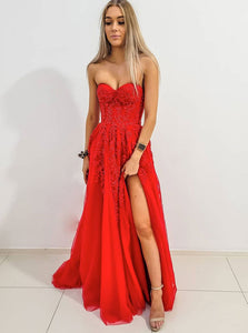 Red Sweetheart Tulle Lace Long Prom Dress Evening Dress