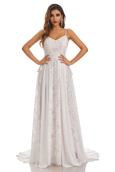 A-Line Spaghetti-Straps Sleeveless Chiffon Wedding Dress With Lace Appliques