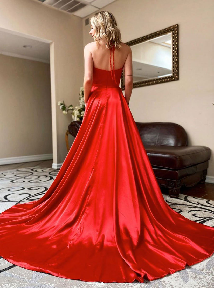 Simple V Neck Red Satin Long Prom Dress Red Evening Dress