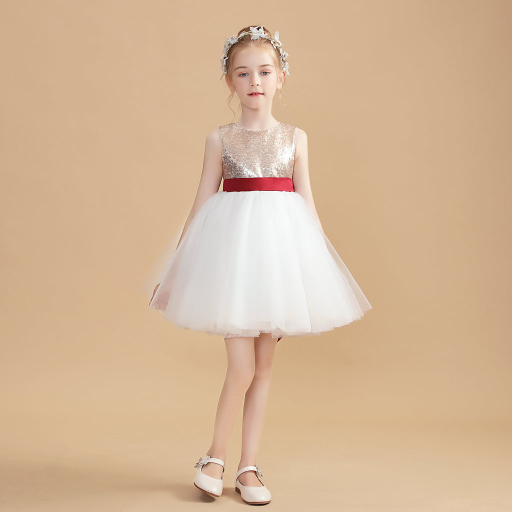 Sequins Gold Short Flower Girl Dress With White Tulle