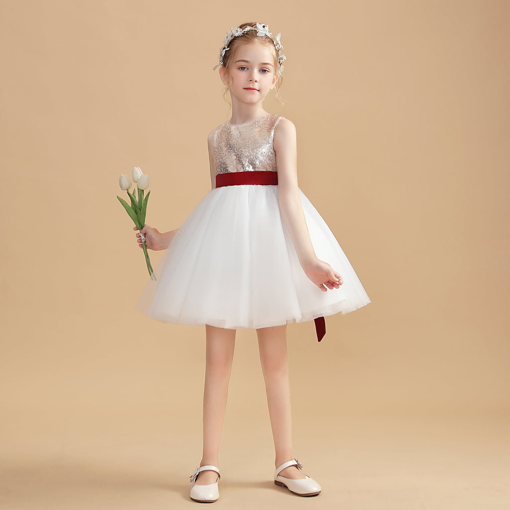 Sequins Gold Short Flower Girl Dress With White Tulle