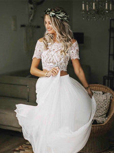 Two Pieces Boho Wedding Dress With Short Sleeves, Chiffon Beach Wedding Dresses OW657