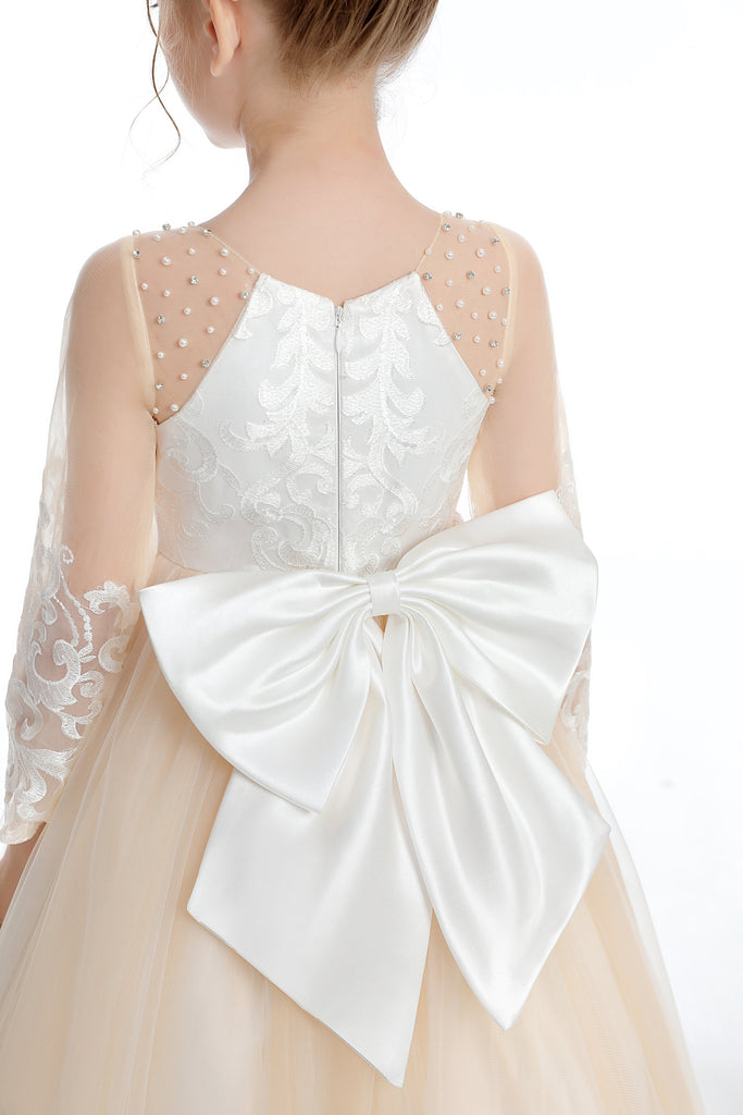 Champagne Long Tulle Flower Girl Dress With Pearls