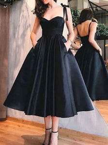 Simple Black Tea-Length Prom Dress, Satin Homecoming Dress
