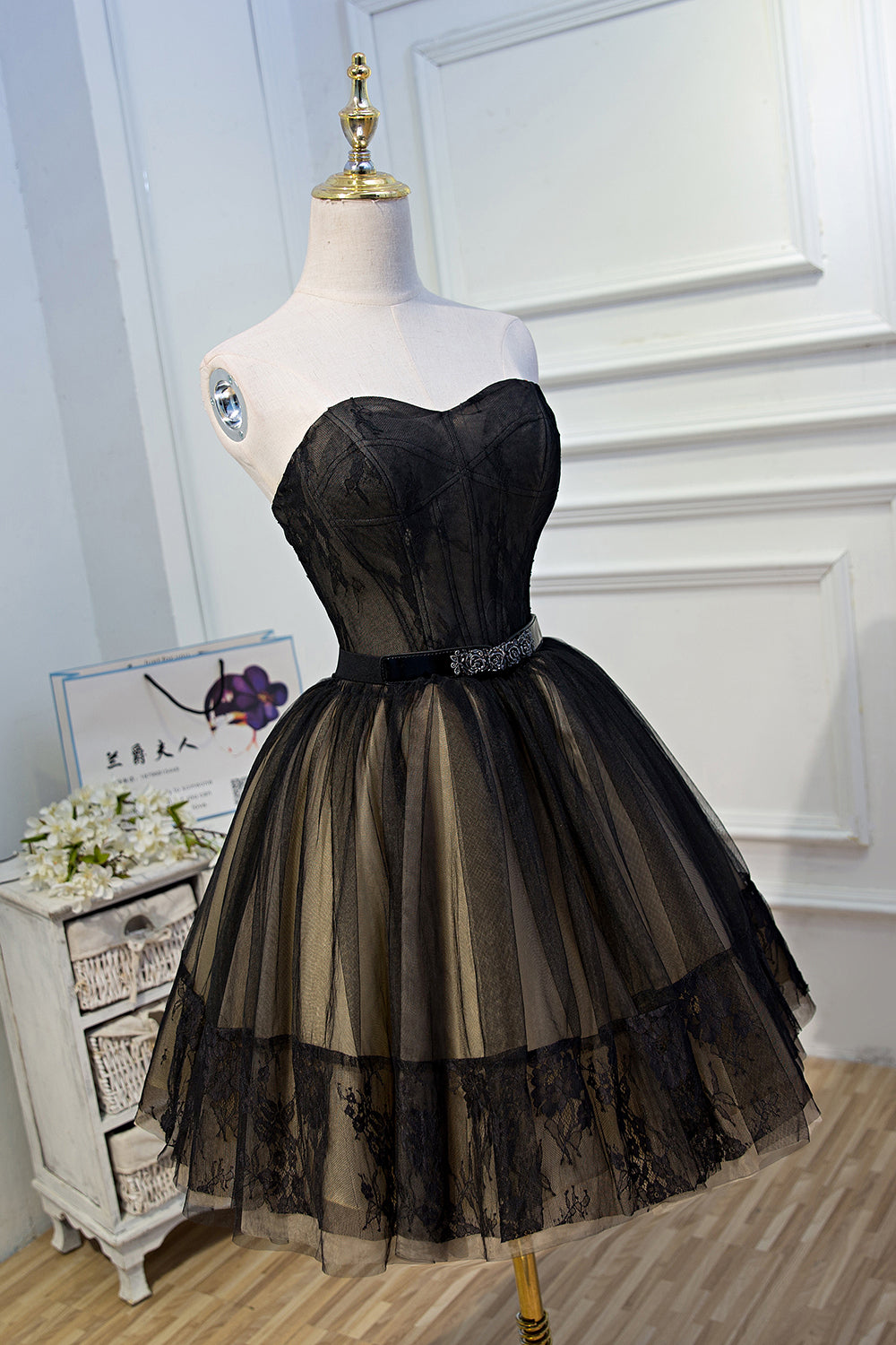 Short Mini Black Sweetheart Tulle Belt Prom Dress Homecoming Dress