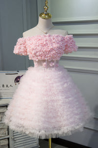 Flower Appliques Pink Tulle A-Line Prom Dress Short Homecoming Dress