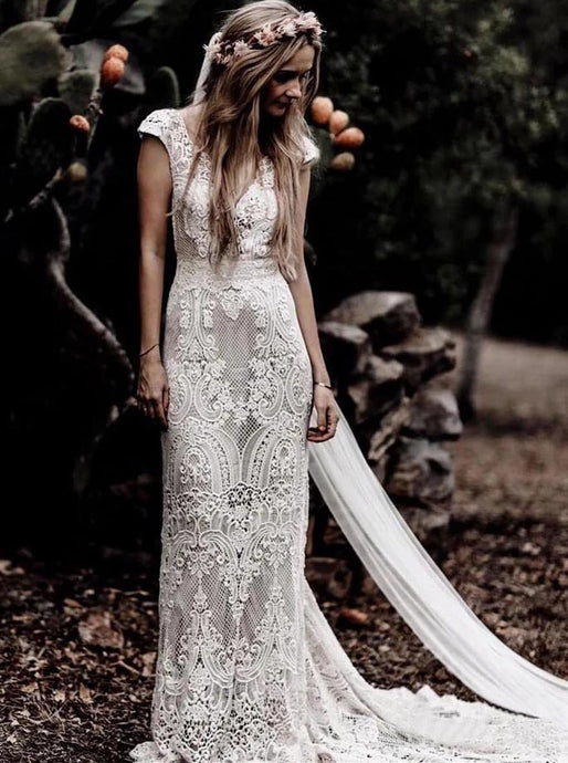 Sheath Ivory Lace Rustic Wedding Dresses, Cap Sleeve Beach Wedding Gowns OW558