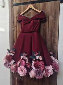 Off Shoulder 3D Appliques Burgundy Homecoming Dress Short Prom Dress OM321