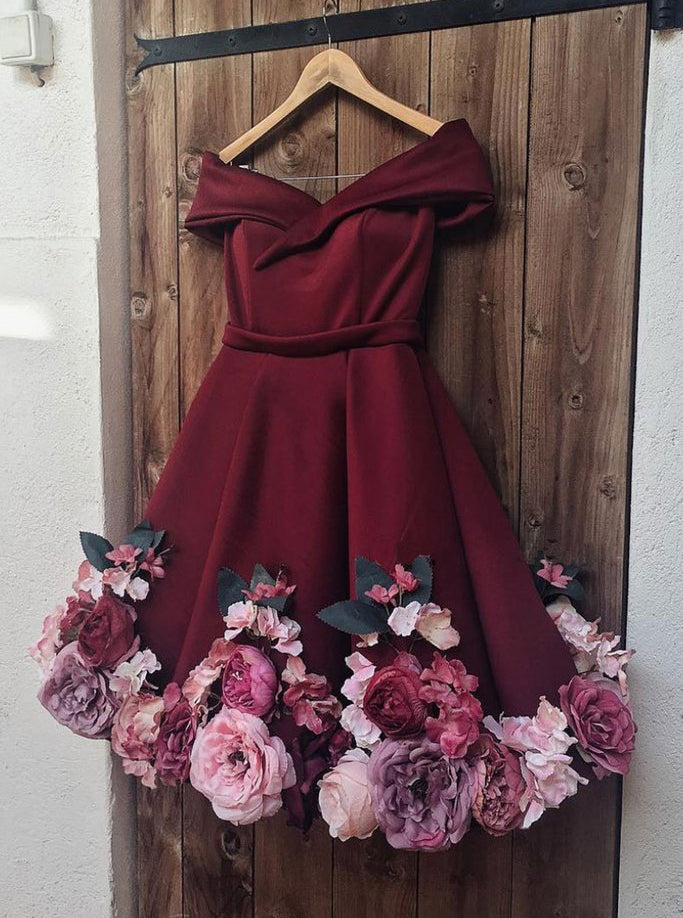 Off Shoulder 3D Appliques Burgundy Homecoming Dress Short Prom Dress O Off Shoulder 3D Appliques Burgundy Homecoming Dress Short Prom Dress O