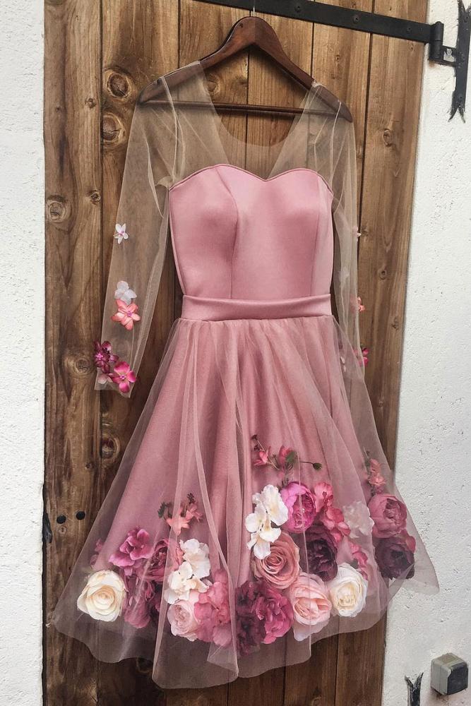 Charming Pink V Neck Long Sleeves Short Prom Dress Homecoming Dress With Appliques
