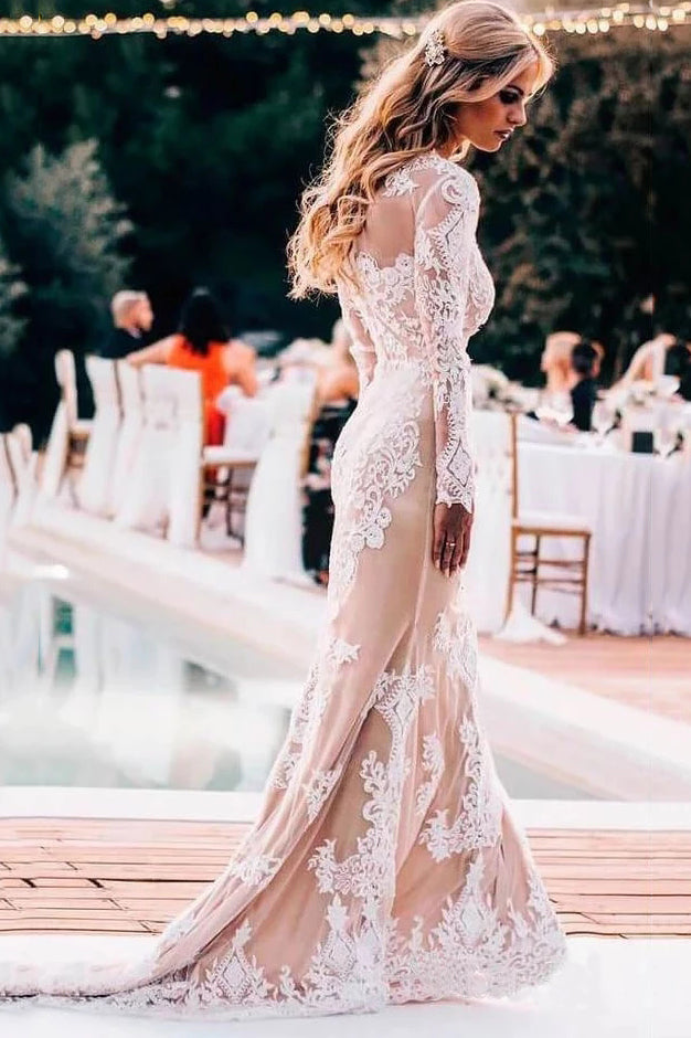 Modest Long Sleeve Mermaid Lace Wedding Dresses Rustic Wedding Gowns OW562