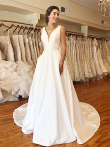 Simple Wedding Dresses A-line V neck Ivory Satin Bridal Gown OW649