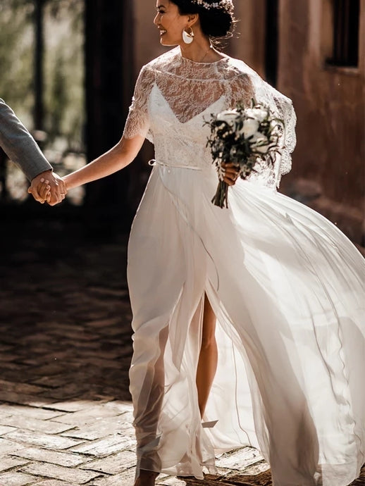 Two Piece Lace Chiffon Convertible Beach Wedding Dress With Split OW584